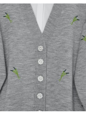 Taşlı Düğmeli Dal Desenli Triko Hırka -Gri