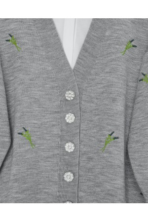 Stone-Buttoned Branch Patterned Knitwear Cardigan -Grey