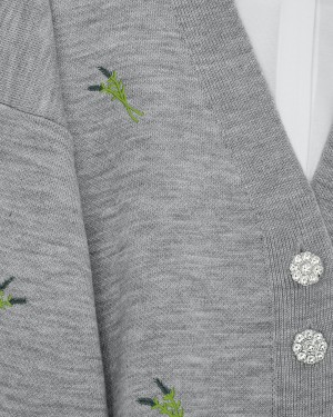 Stone-Buttoned Branch Patterned Knitwear Cardigan -Grey
