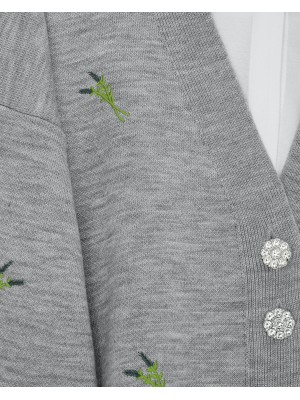 Taşlı Düğmeli Dal Desenli Triko Hırka -Gri