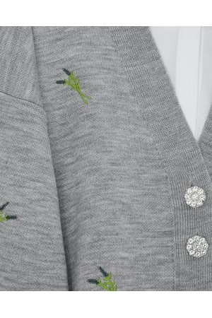 Stone-Buttoned Branch Patterned Knitwear Cardigan -Grey