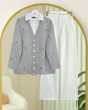 Stone-Buttoned Branch Patterned Knitwear Cardigan -Grey