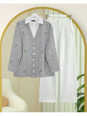 كارديجان محبوك بنقشة غصن وأزرار حجرية -اللون الرمادي