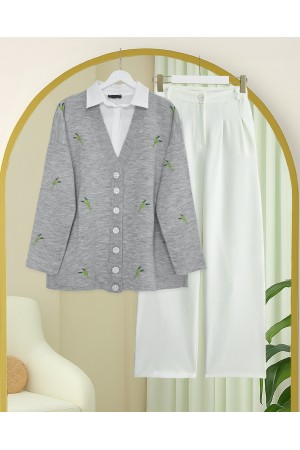 Stone-Buttoned Branch Patterned Knitwear Cardigan -Grey