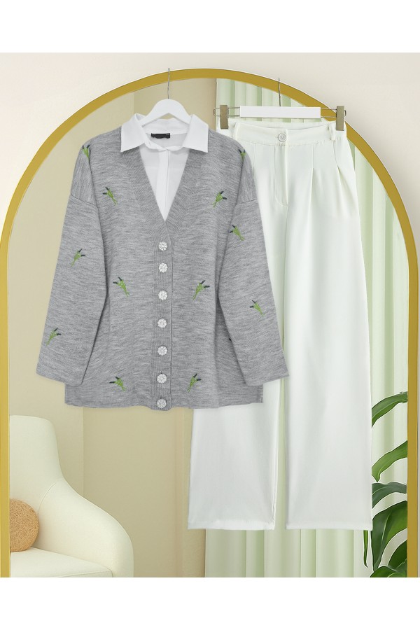 Stone-Buttoned Branch Patterned Knitwear Cardigan -Grey