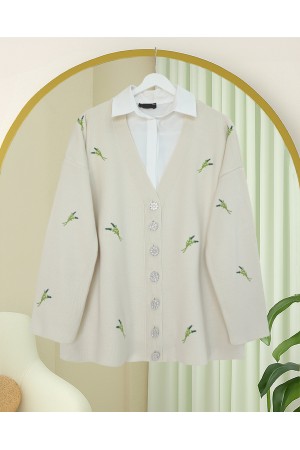 Stone-Buttoned Branch Patterned Knitwear Cardigan -Cream color