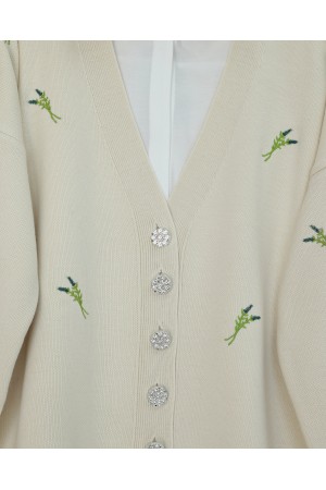 Stone-Buttoned Branch Patterned Knitwear Cardigan -Cream color
