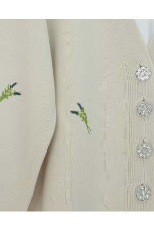 Stone-Buttoned Branch Patterned Knitwear Cardigan -Cream color