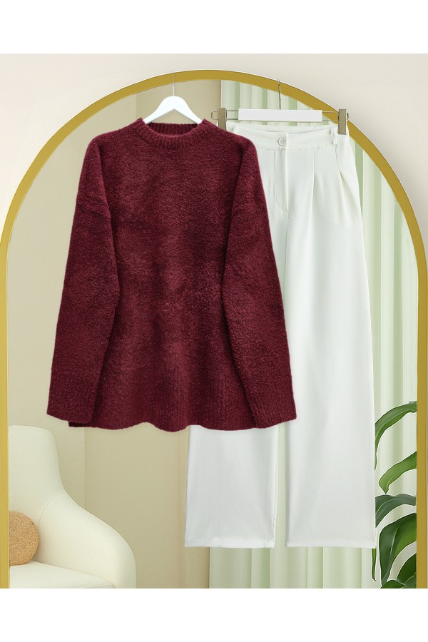 Stone-Buttoned Branch Patterned Knitwear Cardigan -Maroon