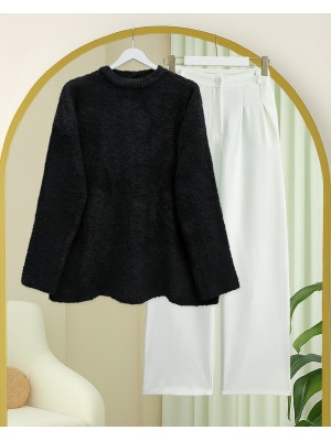 Yuvarlak Yaka Salaş Yumoş Triko  Kazak  -Siyah