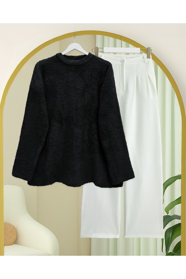 Stone-Buttoned Branch Patterned Knitwear Cardigan -Black