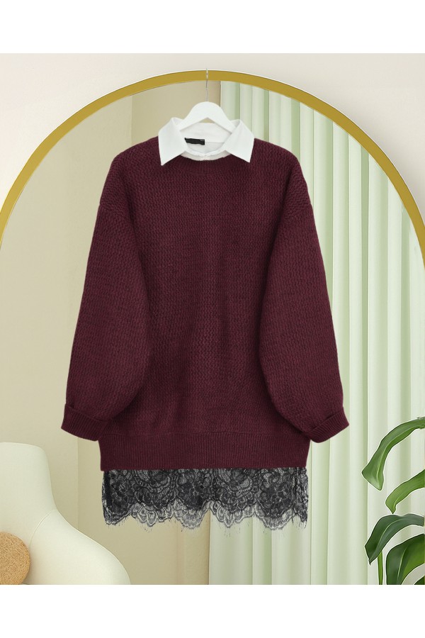 Knitted Sweater with Lace Detail on the Skirt -Maroon