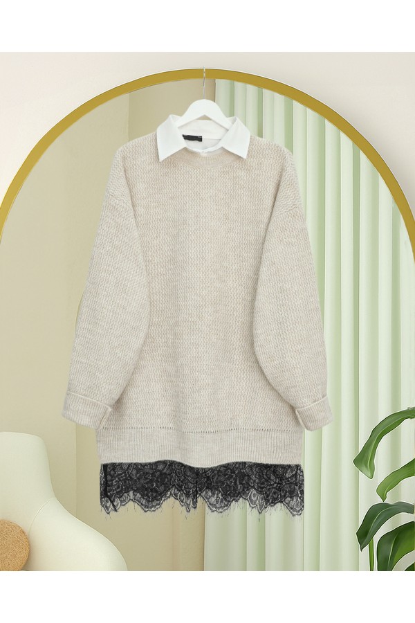 Knitted Sweater with Lace Detail on the Skirt -Cream color