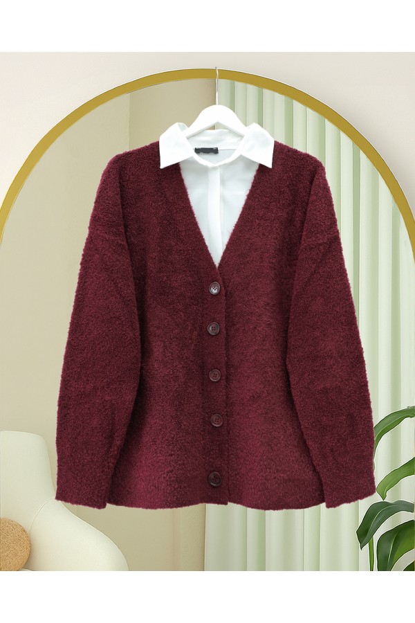 Buttoned Casual Knit Cardigan -Maroon
