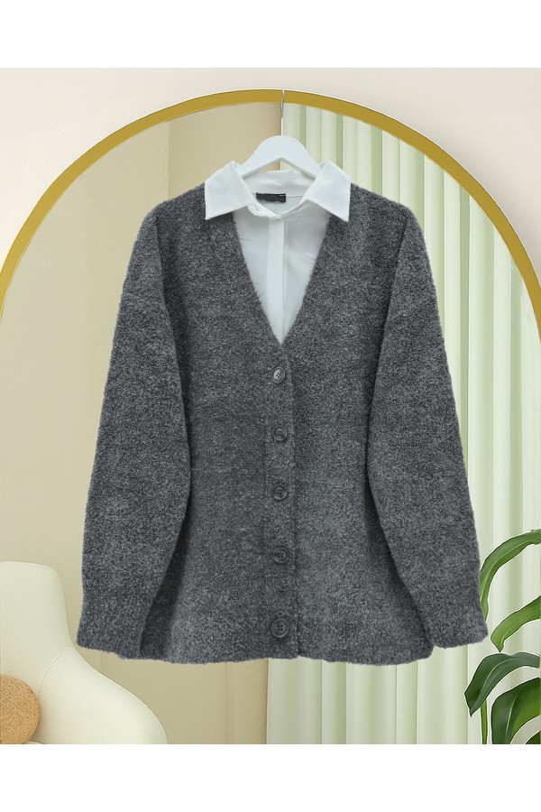 Buttoned Casual Knit Cardigan -Smoked 