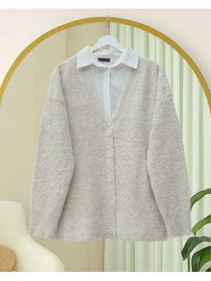 Düğmeli Salaş Triko Hırka -Taş