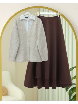 Düğmeli Salaş Triko Hırka -Taş