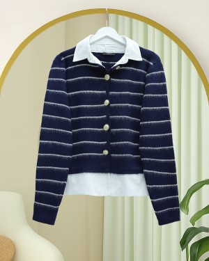 Buttoned Shirt Detailed Knit Cardigan -Navy blue