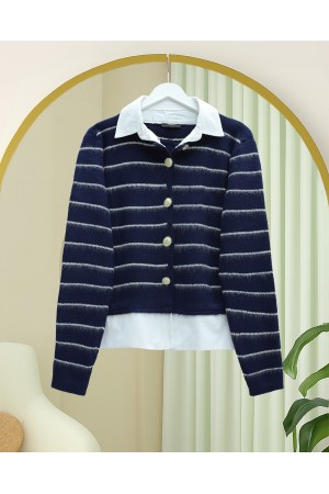 Buttoned Shirt Detailed Knit Cardigan -Navy blue