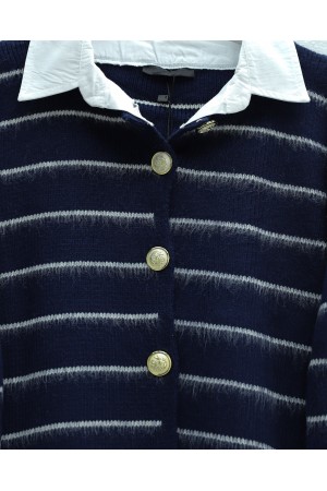 Buttoned Shirt Detailed Knit Cardigan -Navy blue