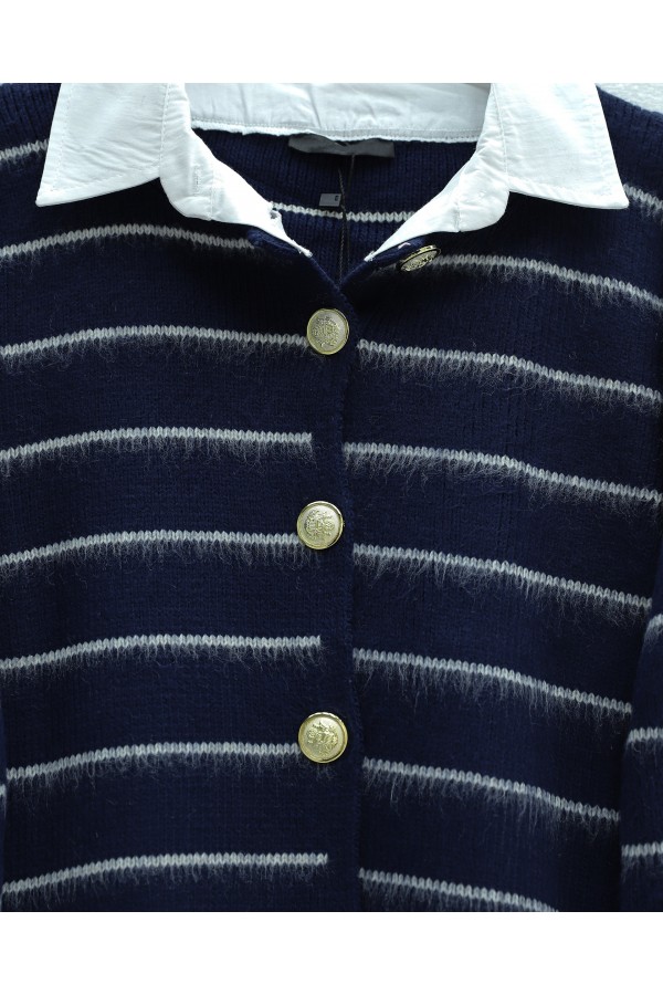 Buttoned Shirt Detailed Knit Cardigan -Navy blue
