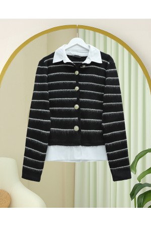 Buttoned Shirt Detailed Knit Cardigan -Black
