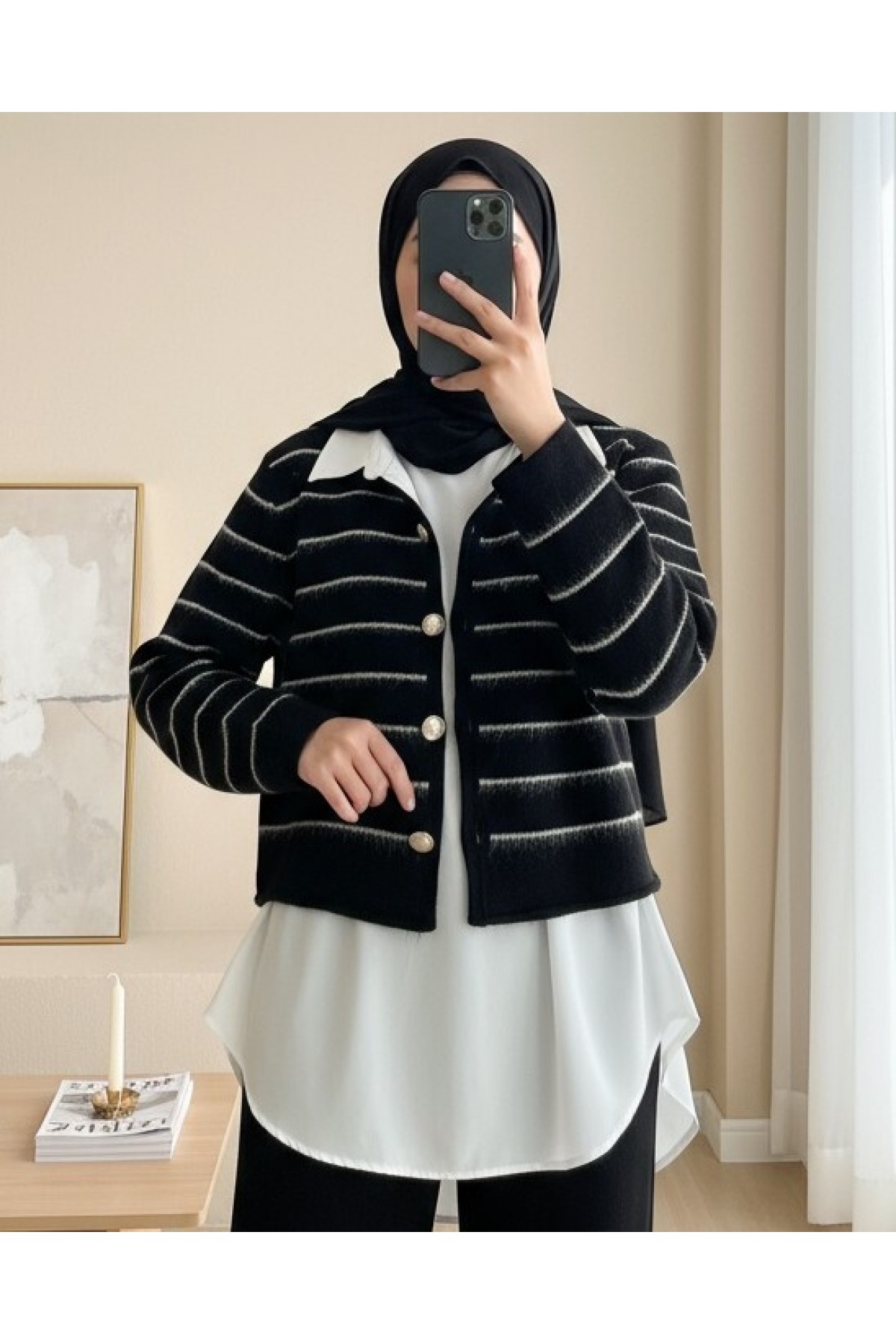 Buttoned Shirt Detailed Knit Cardigan -Black