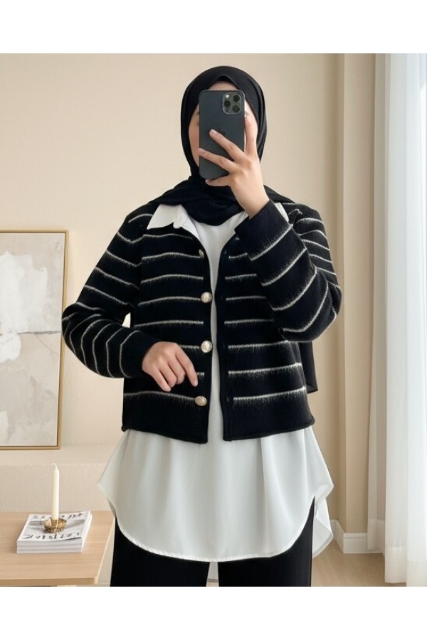 Buttoned Shirt Detailed Knit Cardigan -Black