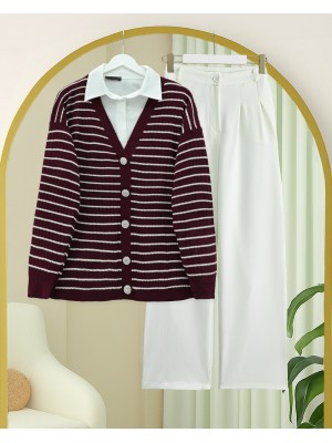 Taş Detaylı Düğmeli Triko Hırka  -Bordo