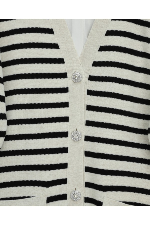 Double Pocket Striped Knitted Cardigan  -Stone