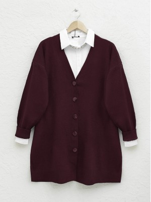 Düğmeli Kışlık Tesettür Triko Hırka      -Bordo