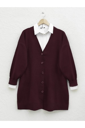 Düğmeli Kışlık Tesettür Triko Hırka      -Bordo