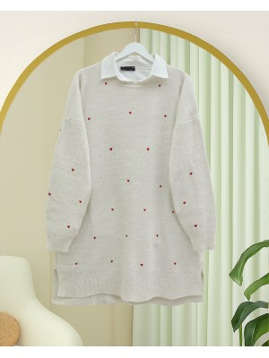 Yanları Yırtmaçlı Kalp Nakışlı Triko Tunik  -Taş