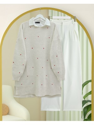 Yanları Yırtmaçlı Kalp Nakışlı Triko Tunik  -Taş