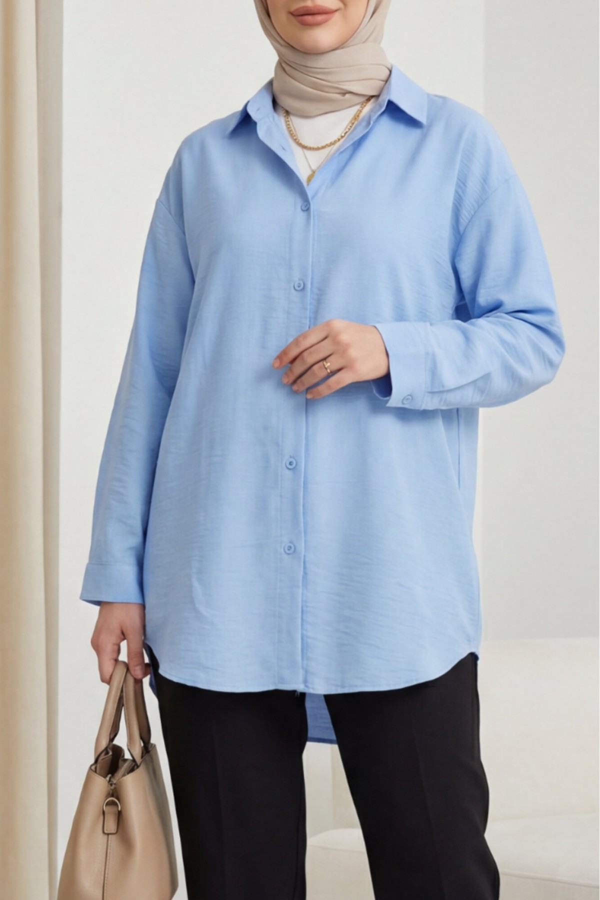 Long Back Buttoned Modal Shirt -Baby Blue