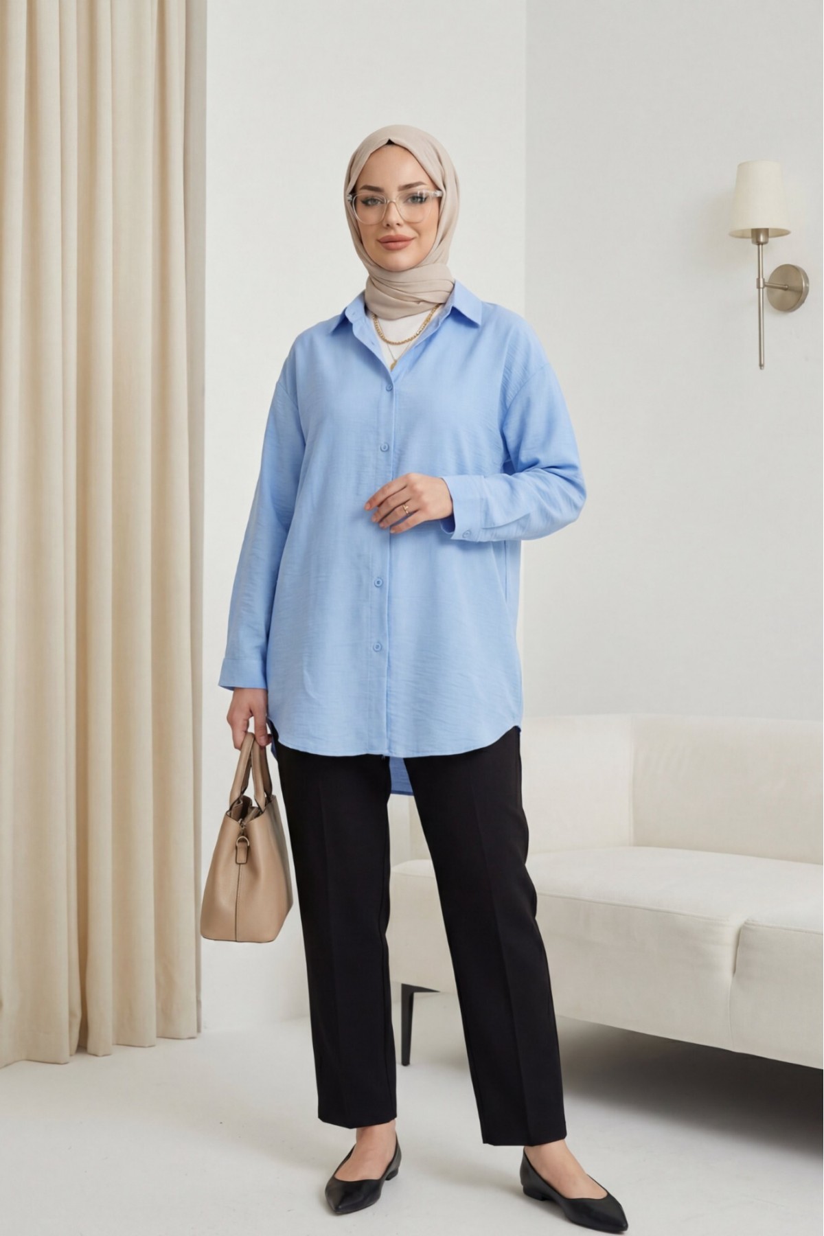 Long Back Buttoned Modal Shirt -Baby Blue