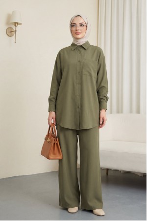 Önü Düğmeli Tek Cepli Gömlek Pantolon Modal Takım  -Haki