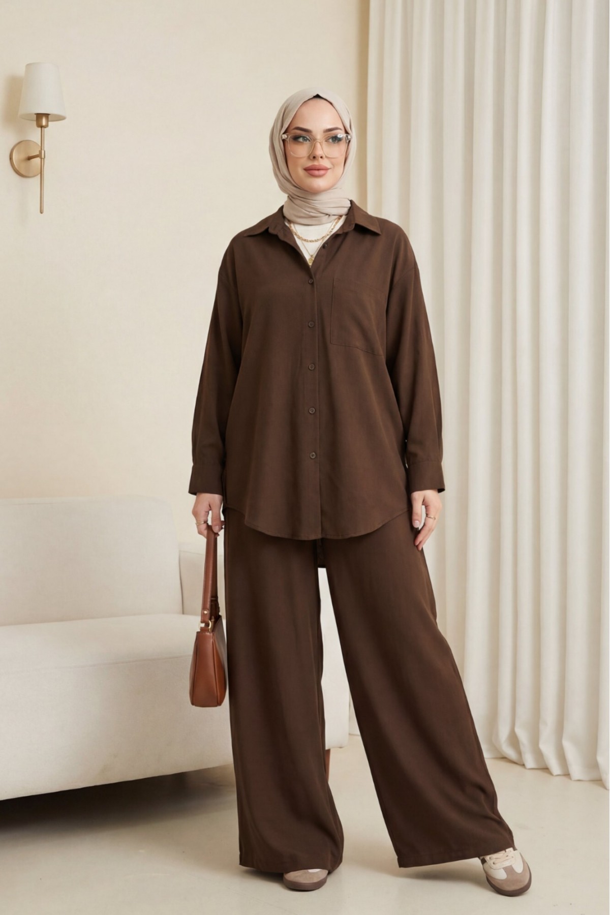 Button-front, single-pocket shirt and trousers suit -Dark Coffee