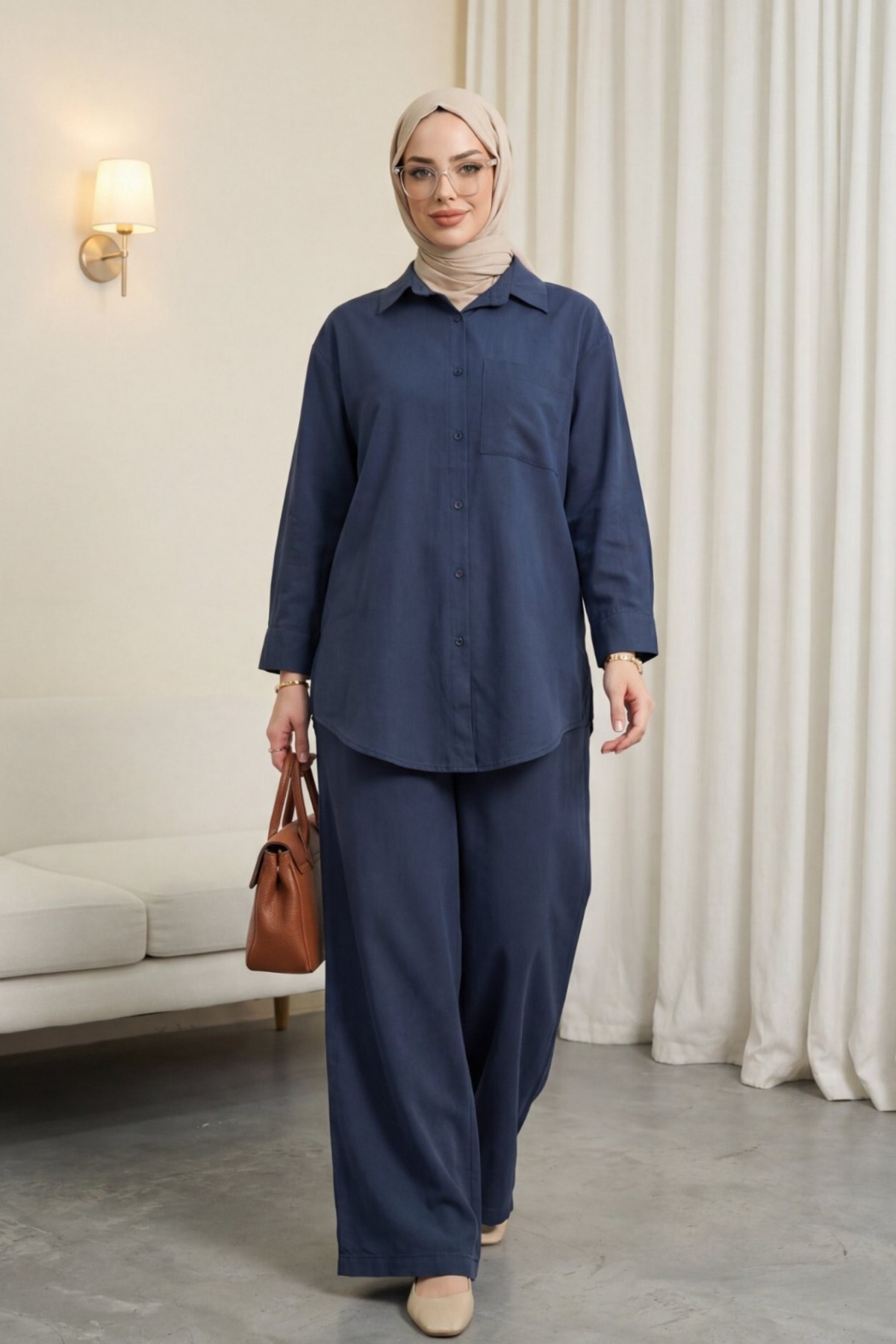 Button-front, single-pocket shirt and trousers suit -Navy blue