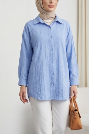 Şerit Çizgi Desenli Düğmeli Gömlek -Bebe Mavi