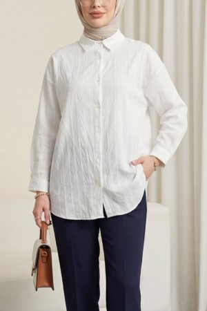 Şerit Çizgi Desenli Düğmeli Gömlek -Beyaz