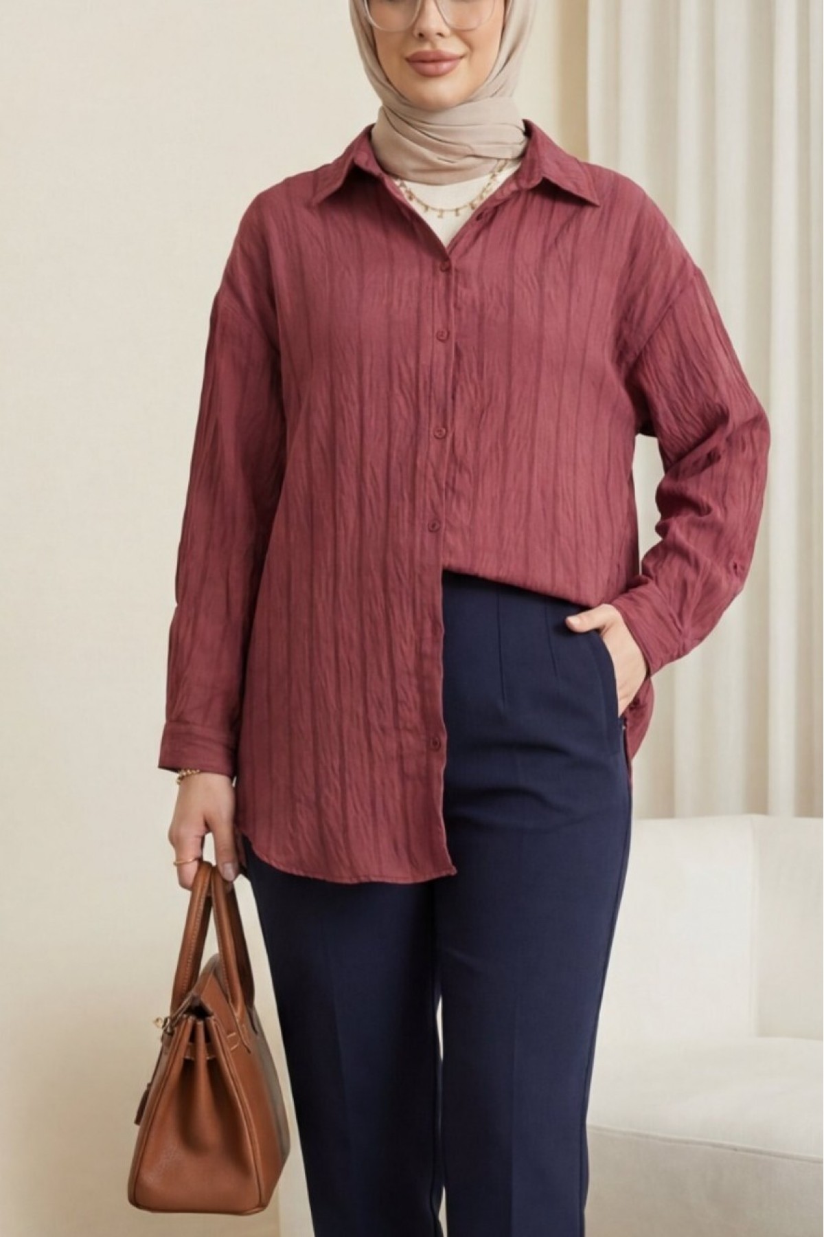 Striped Button-Down Shirt -Maroon
