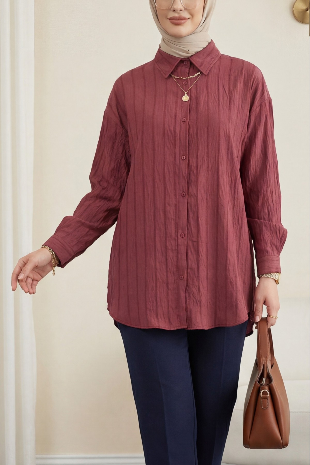 Striped Button-Down Shirt -Maroon