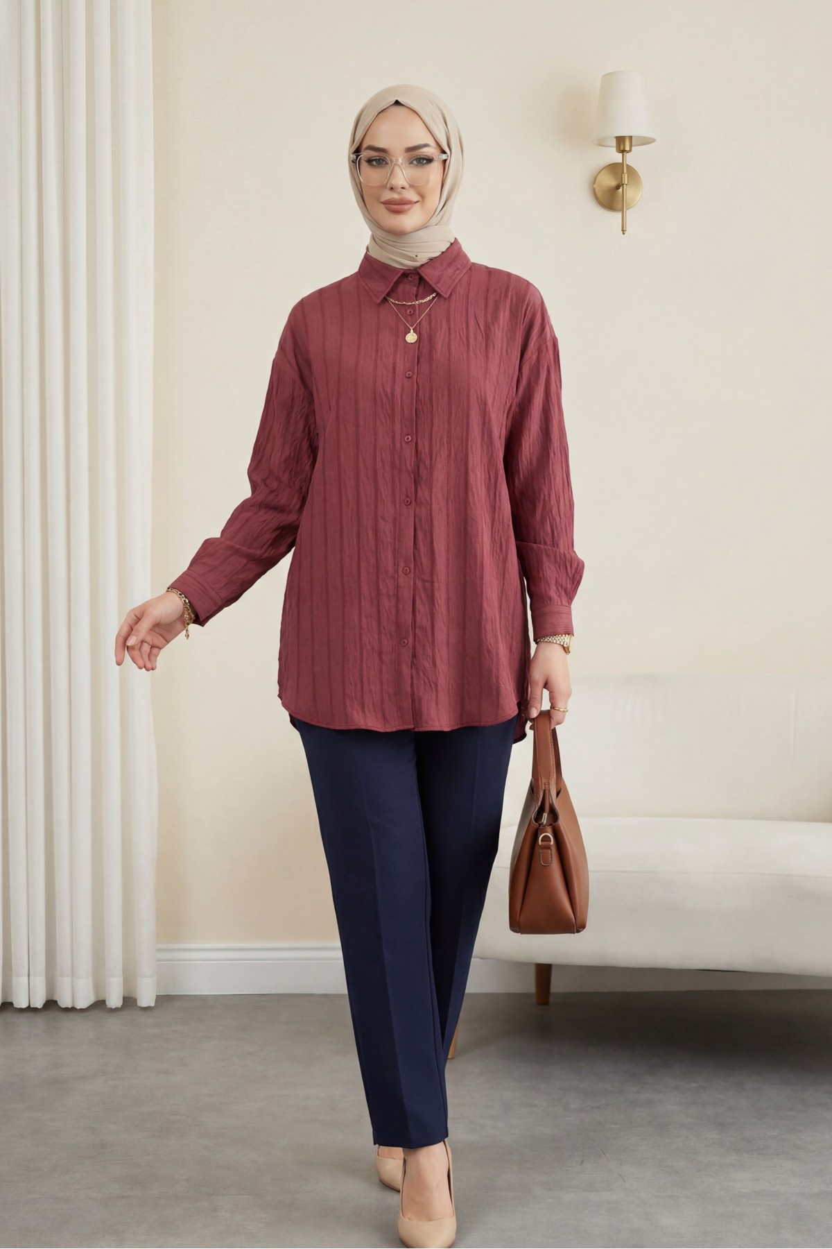 Striped Button-Down Shirt -Maroon