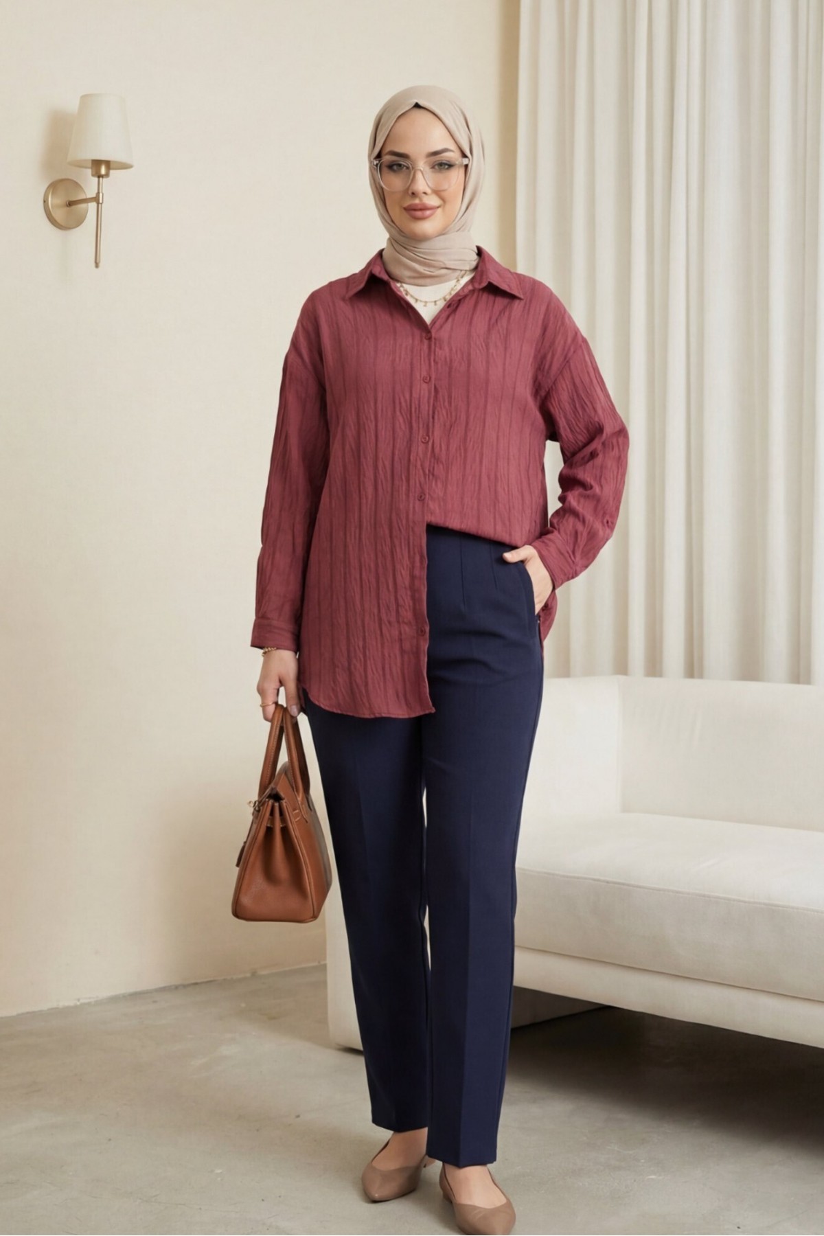 Striped Button-Down Shirt -Maroon