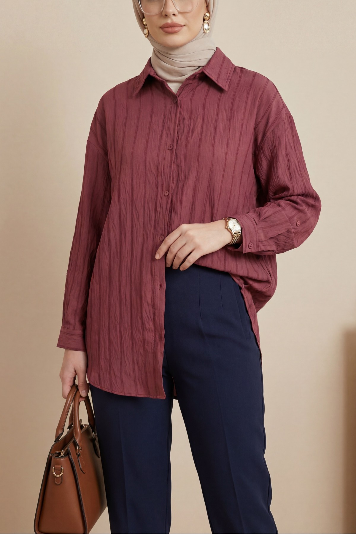 Striped Button-Down Shirt -Maroon