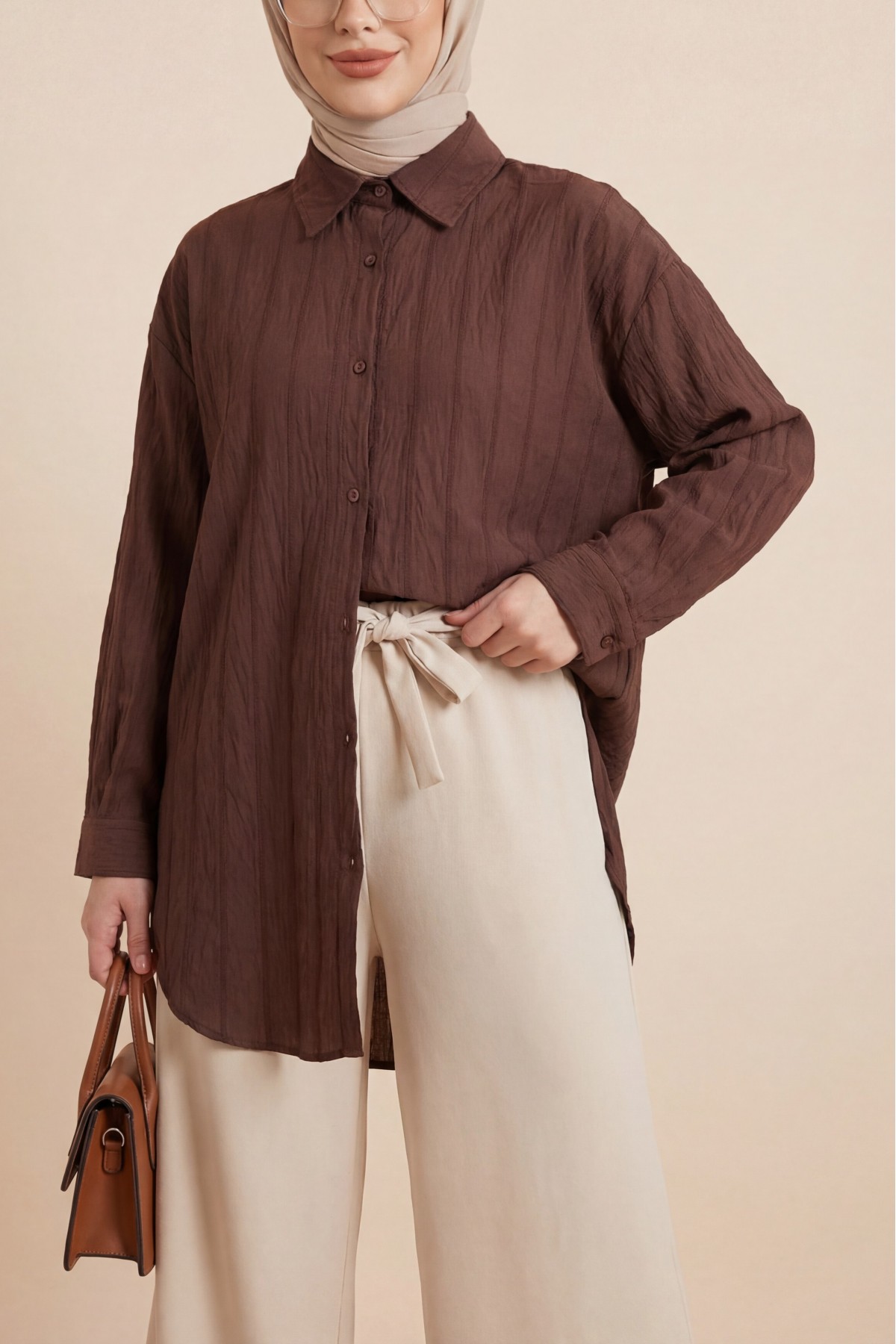 Striped Button-Down Shirt -Brown
