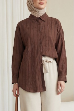 Şerit Çizgi Desenli Düğmeli Gömlek -Kahve