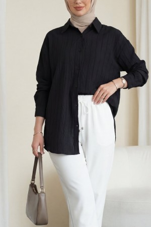 Şerit Çizgi Desenli Düğmeli Gömlek -Siyah