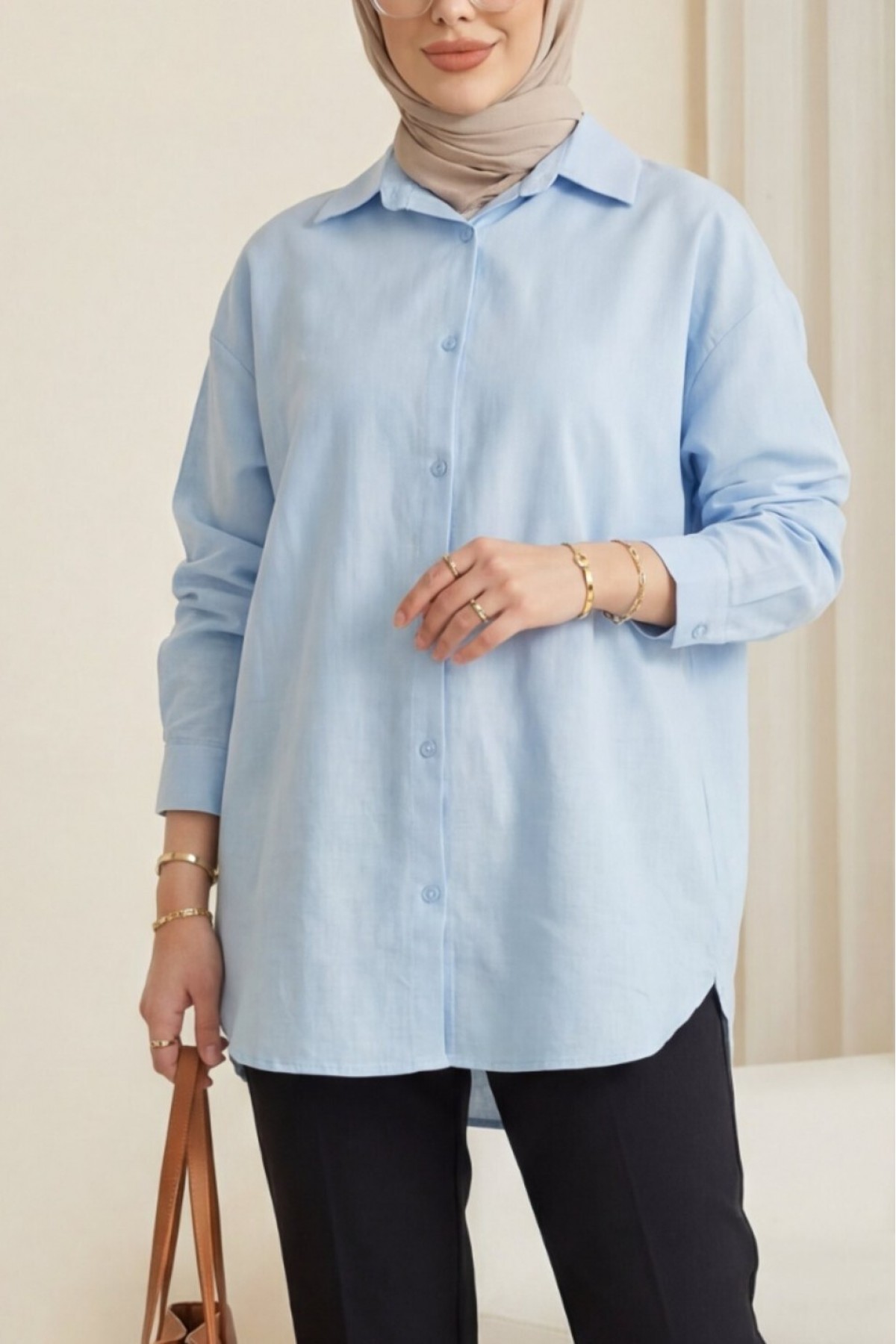 Buttoned Linen Shirt -Baby Blue